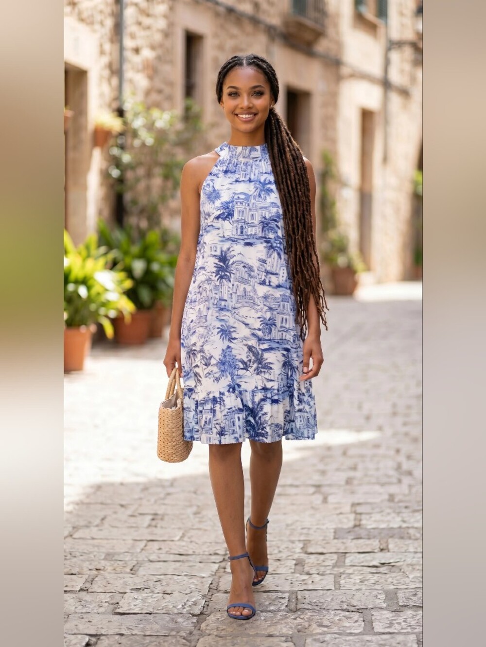 Calypso St. Barth Blue and White Halter Midi Dress SIZE MEDIUM